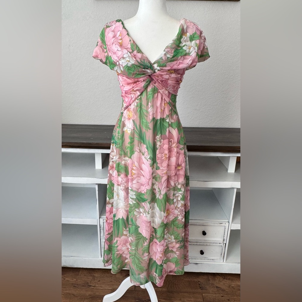 New Tadashi Shoji Ausra Floral Cap Sleeve Chiffon Dress Women's Size‎ 2 T - Picture 3 of 10